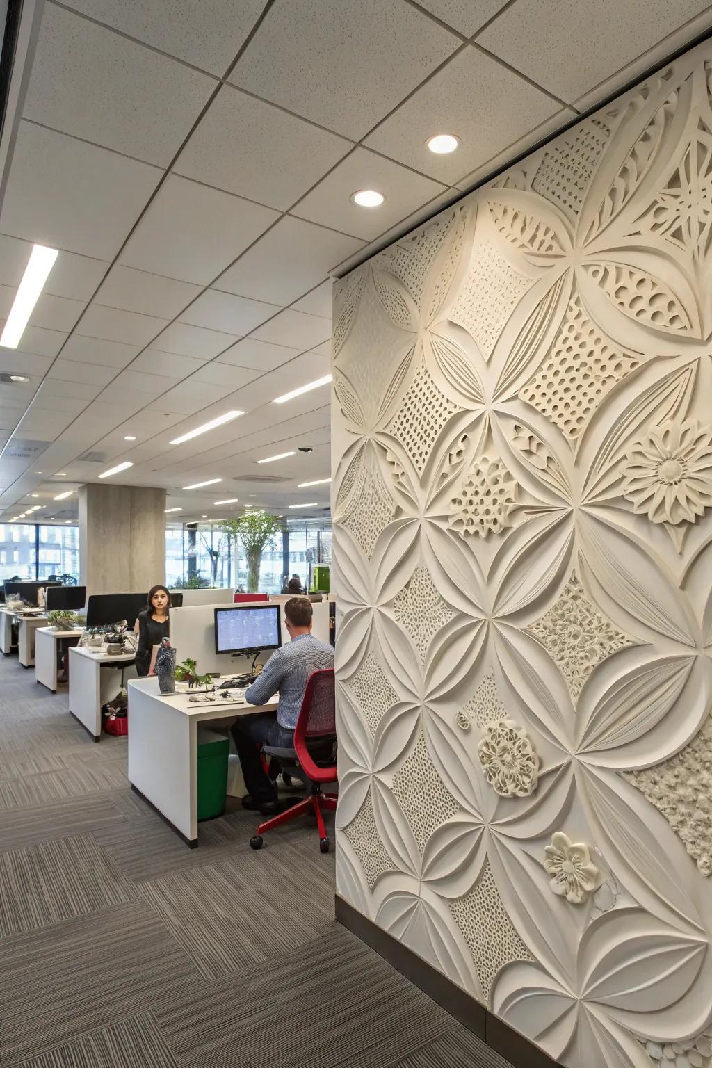 An office exhibiting sculpted accent wall paneling.