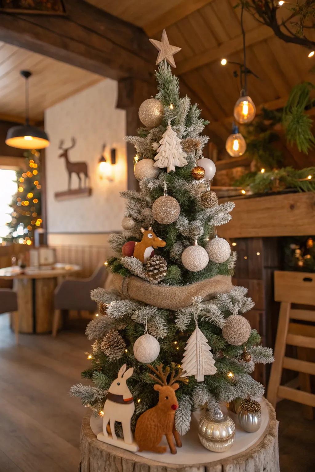 A whimsical woodland Christmas tree featuring enchanting forest elements.