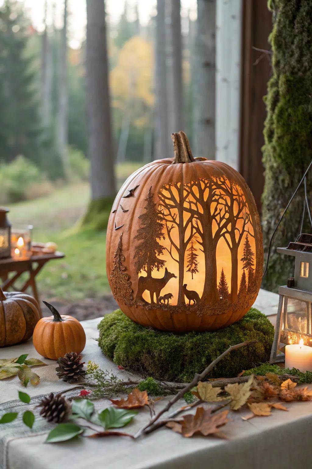 Journey into an enchanted forest through mystical decorative gourd sculpts.