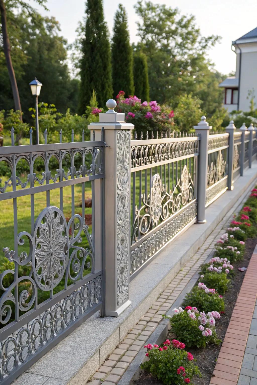 Ornamental fencing enhances garden borders.
