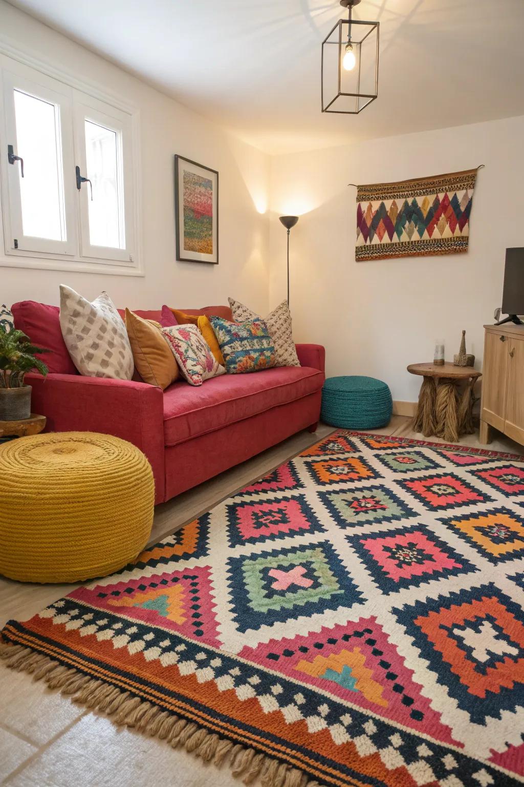 Patterns inject vibrancy and interest into this compact living space.