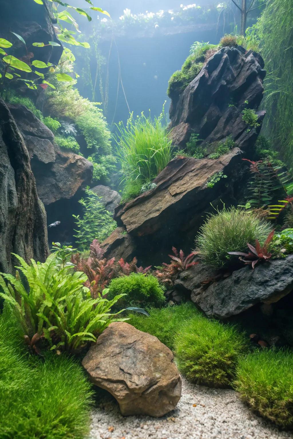 Provide depth through layered textures within your aquascape.
