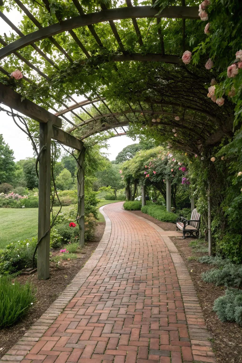 A classic block pathway inviting guests under a garden arbor.