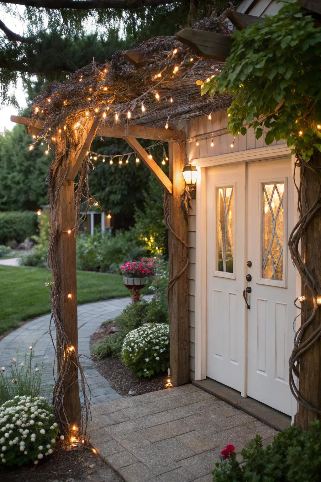 An arbor with enchanting glowing ornaments creates a magical doorway.