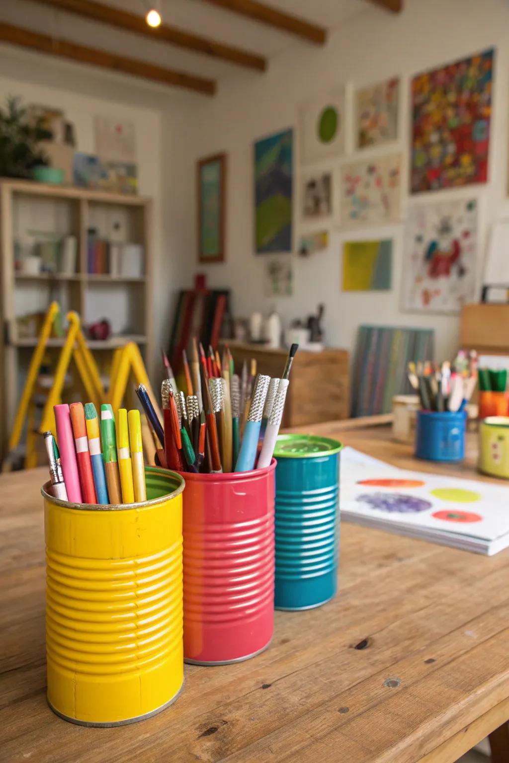 Upcycled tin cans add color and charm to your art arrangement.