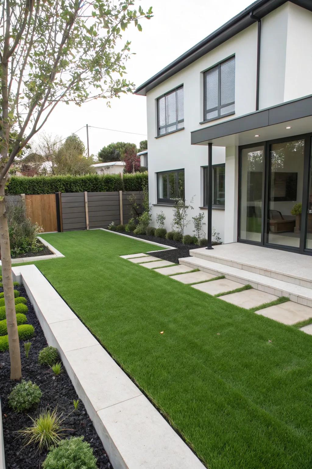 Welcome visitors using a contemporary and inviting front yard incorporating simulated turf.