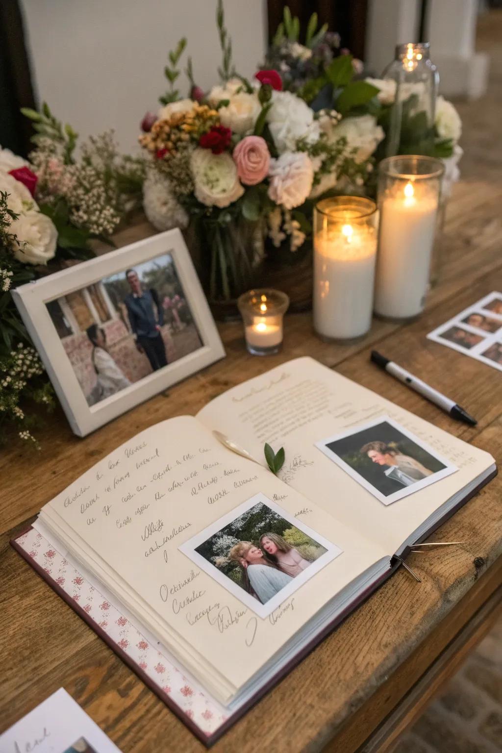 An engaging guest log captures personalized recollections from the wedding occasion.