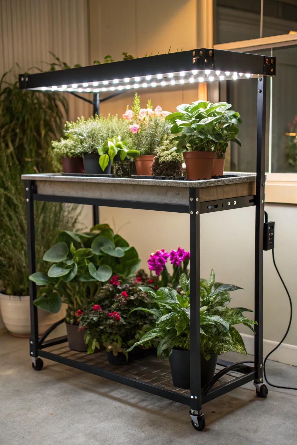 A multi-purpose table with concealed plant lights for a practical plant display.