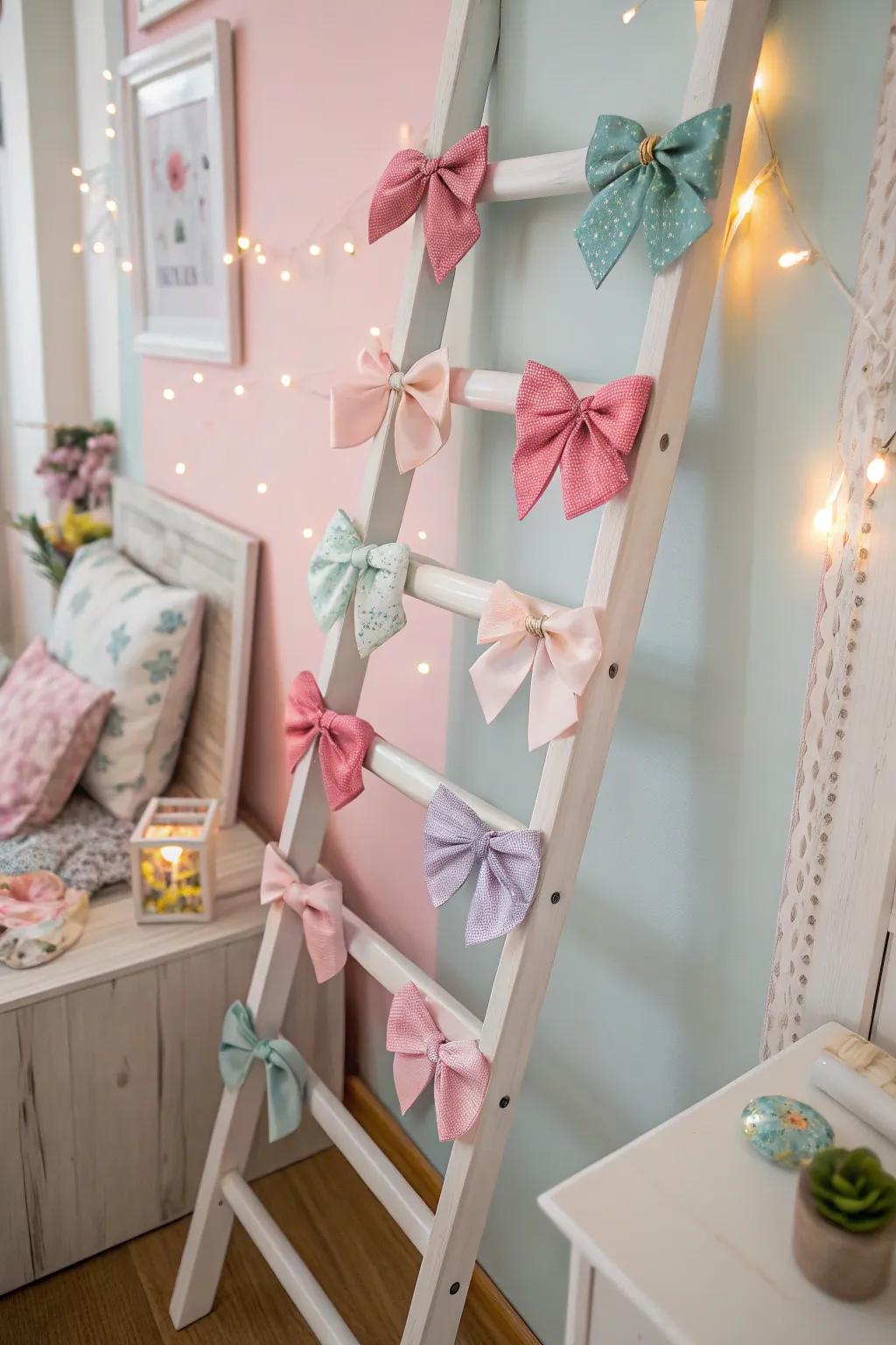 Inventive ladder display for showcasing baby bows.