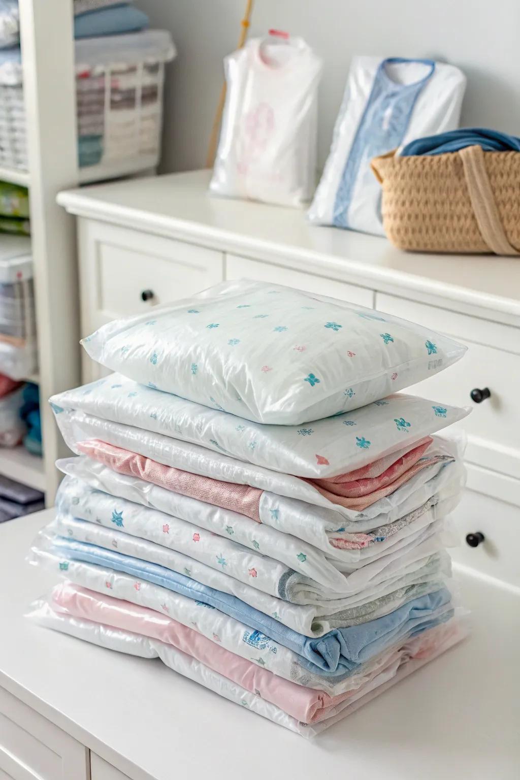 Space bags efficiently store baby clothes that are outgrown.