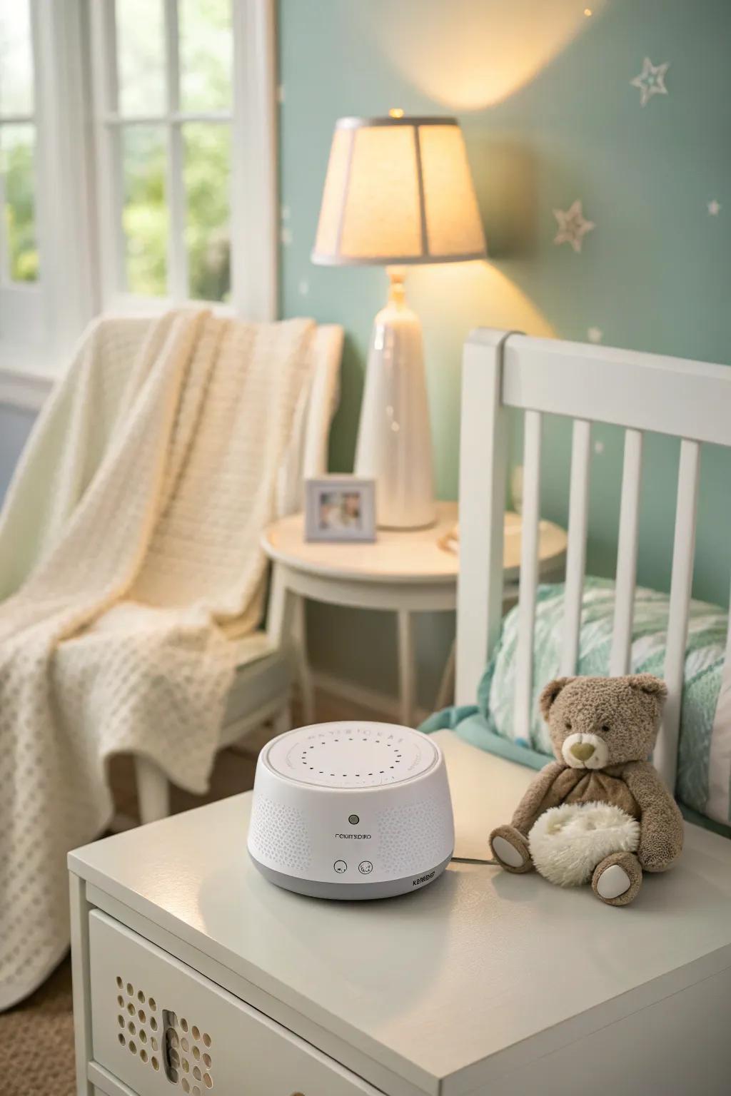 A white sound device can enhance sleep quality in a shared bedroom setting.
