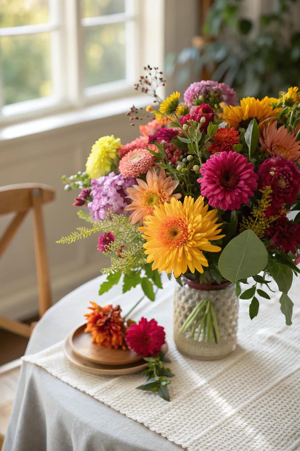 Vibrant centerpiece featuring seasonal blooms.