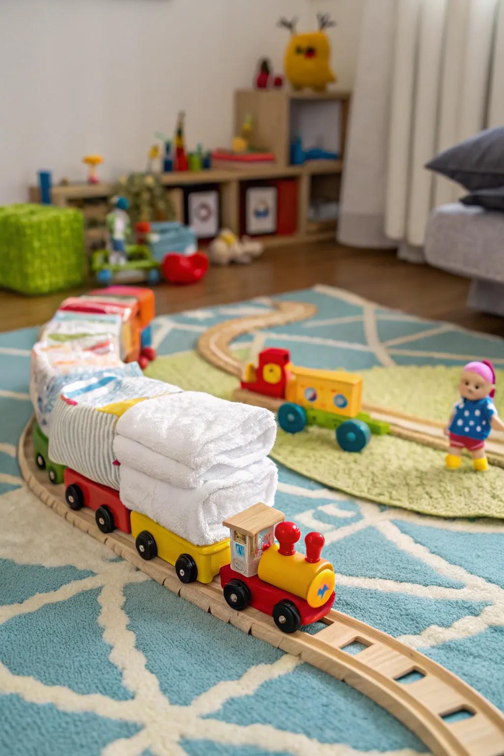 A fun diaper locomotive prepared to enchant the new household.