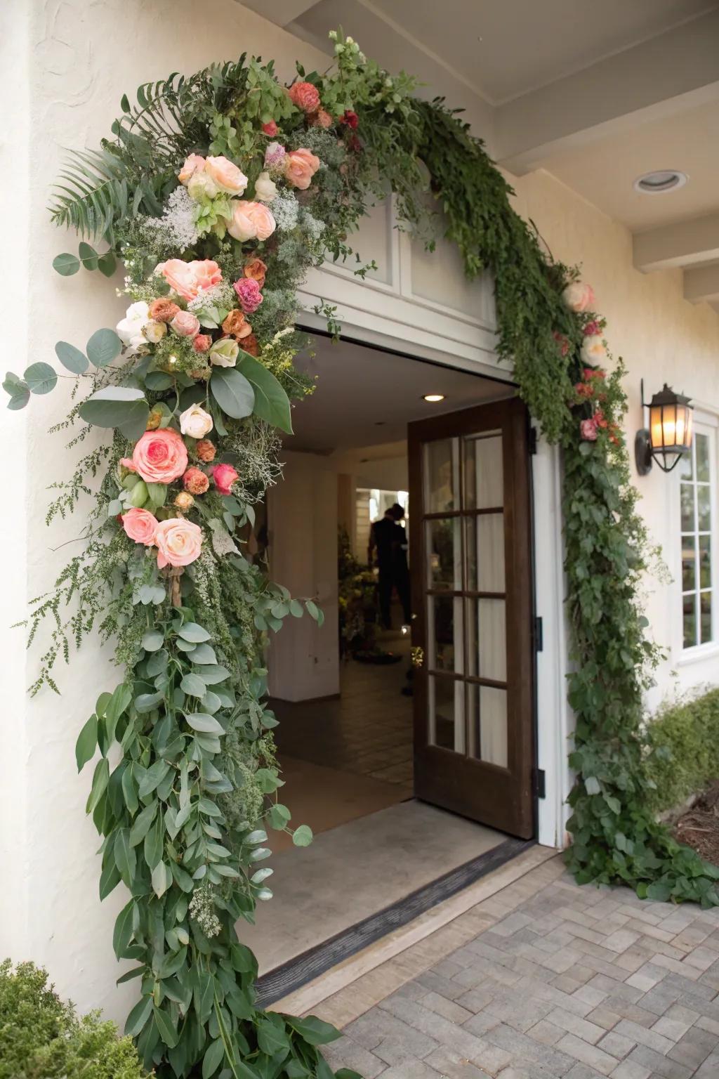 Natural garlands add elegance and freshness to the entrance.