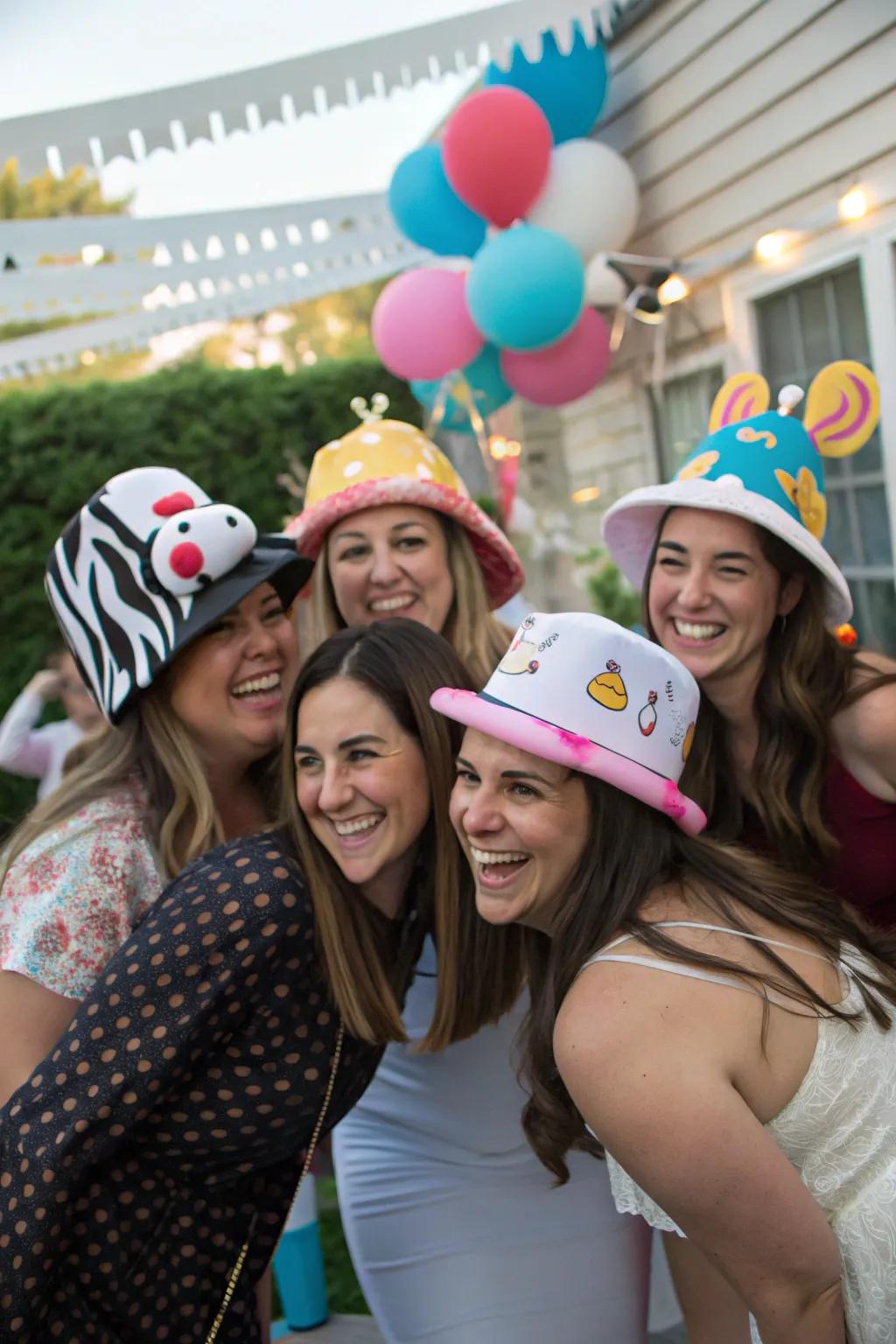 A group of women in enjoyable themed headwear.
