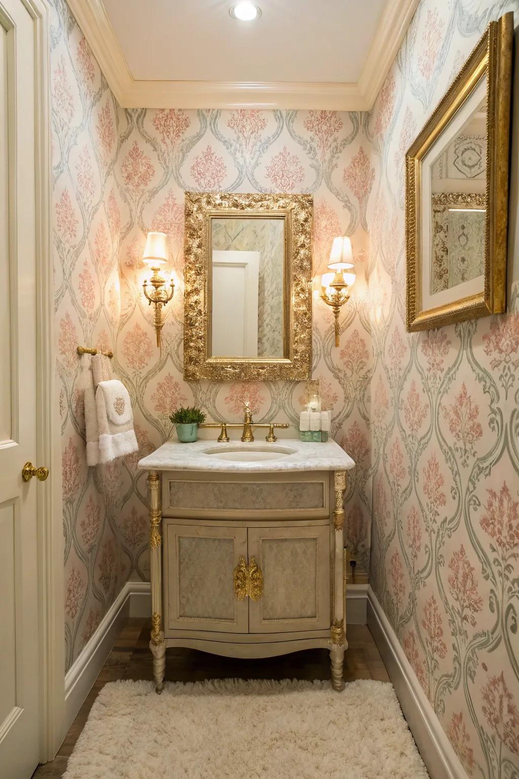 A powder room featuring vintage wall covering, introducing elegance and charm.
