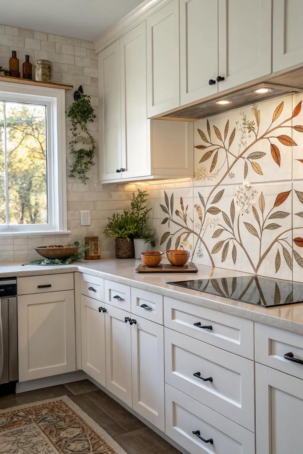 Nature-inspired tiles invite the outdoors into this white kitchen.