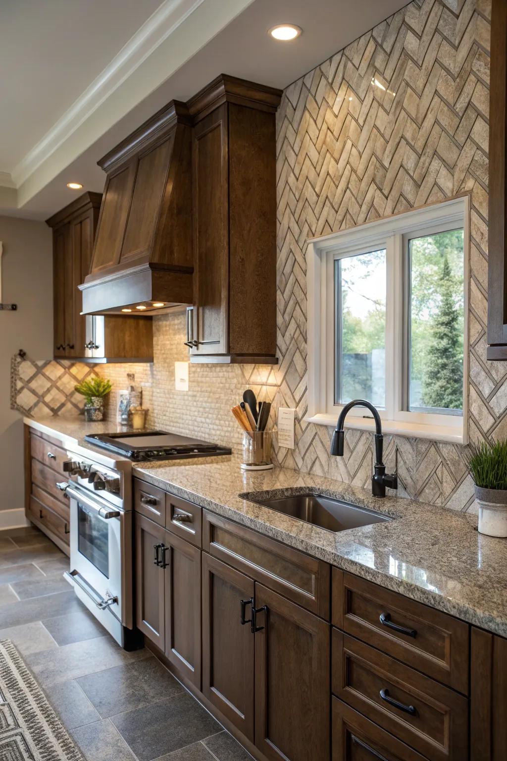 Angled brick tiles add a classic texture to fantasy brown granite.