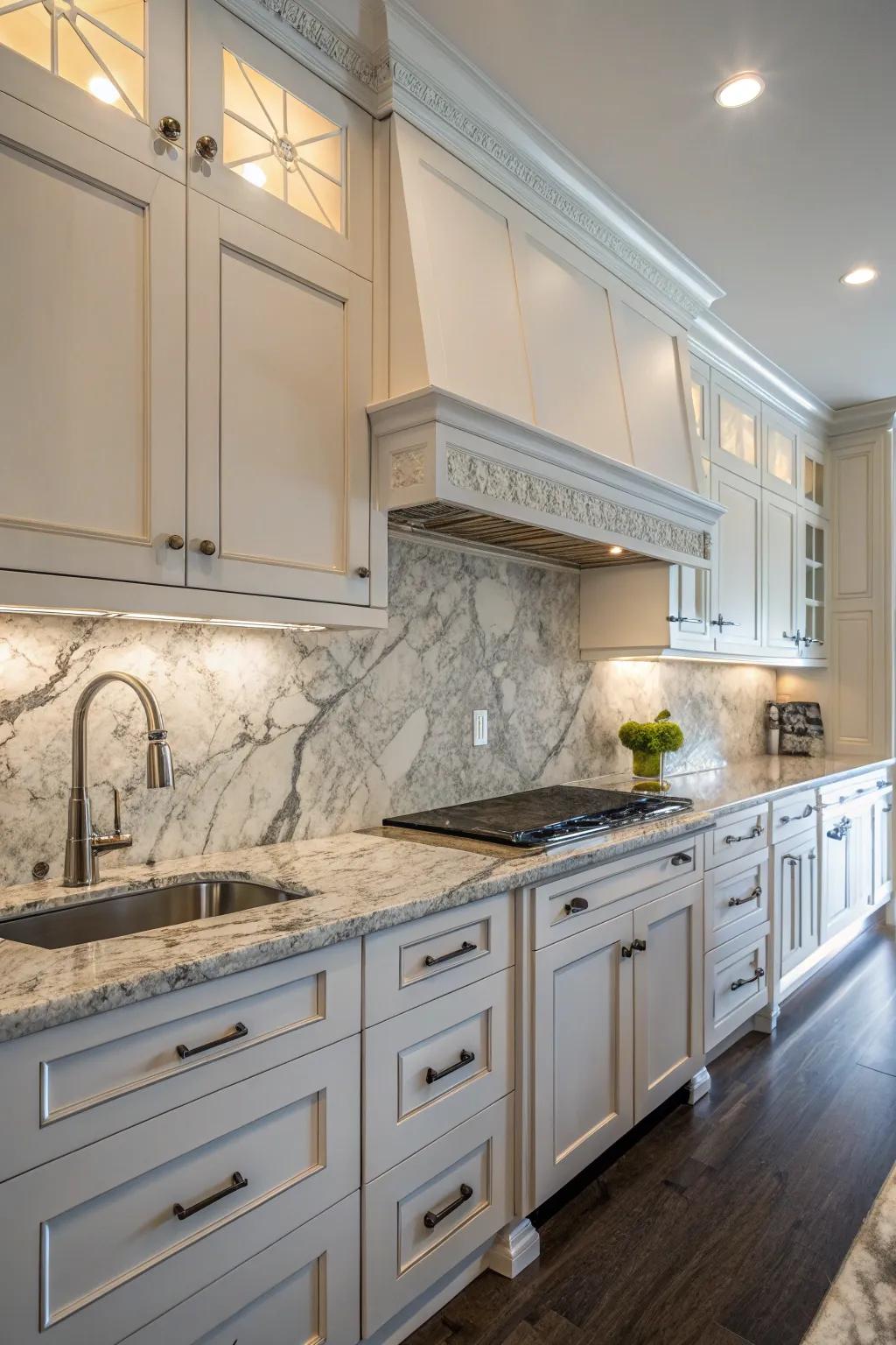 Marble and granite combine to create a luxurious kitchen.