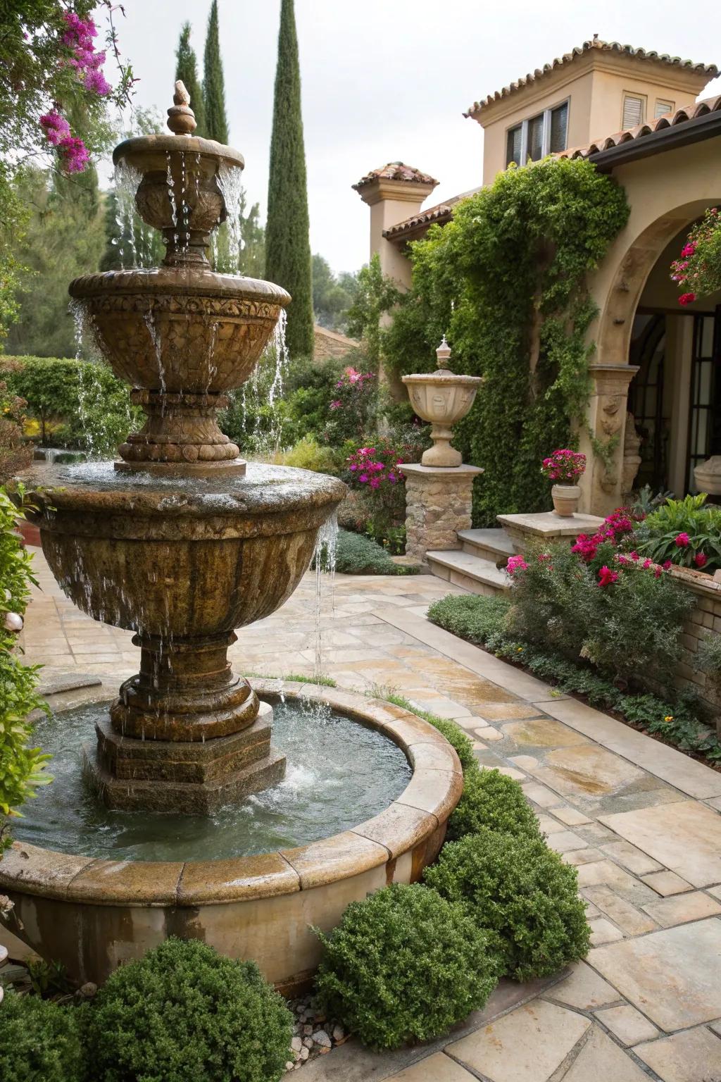 A flowing urn fountain adds Mediterranean flair to your garden.