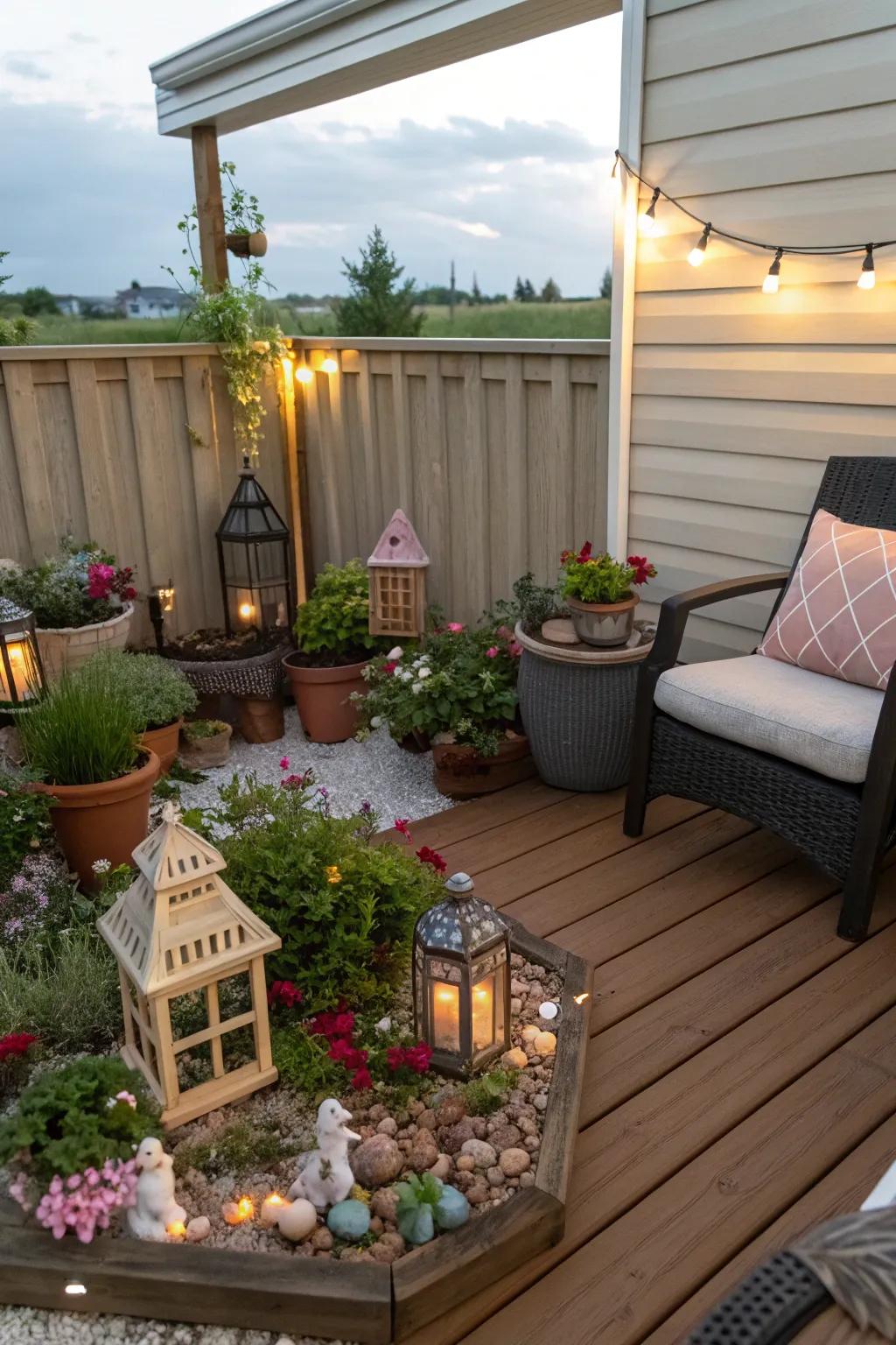 An enchanting fairy garden adding a whimsical touch to a veranda.