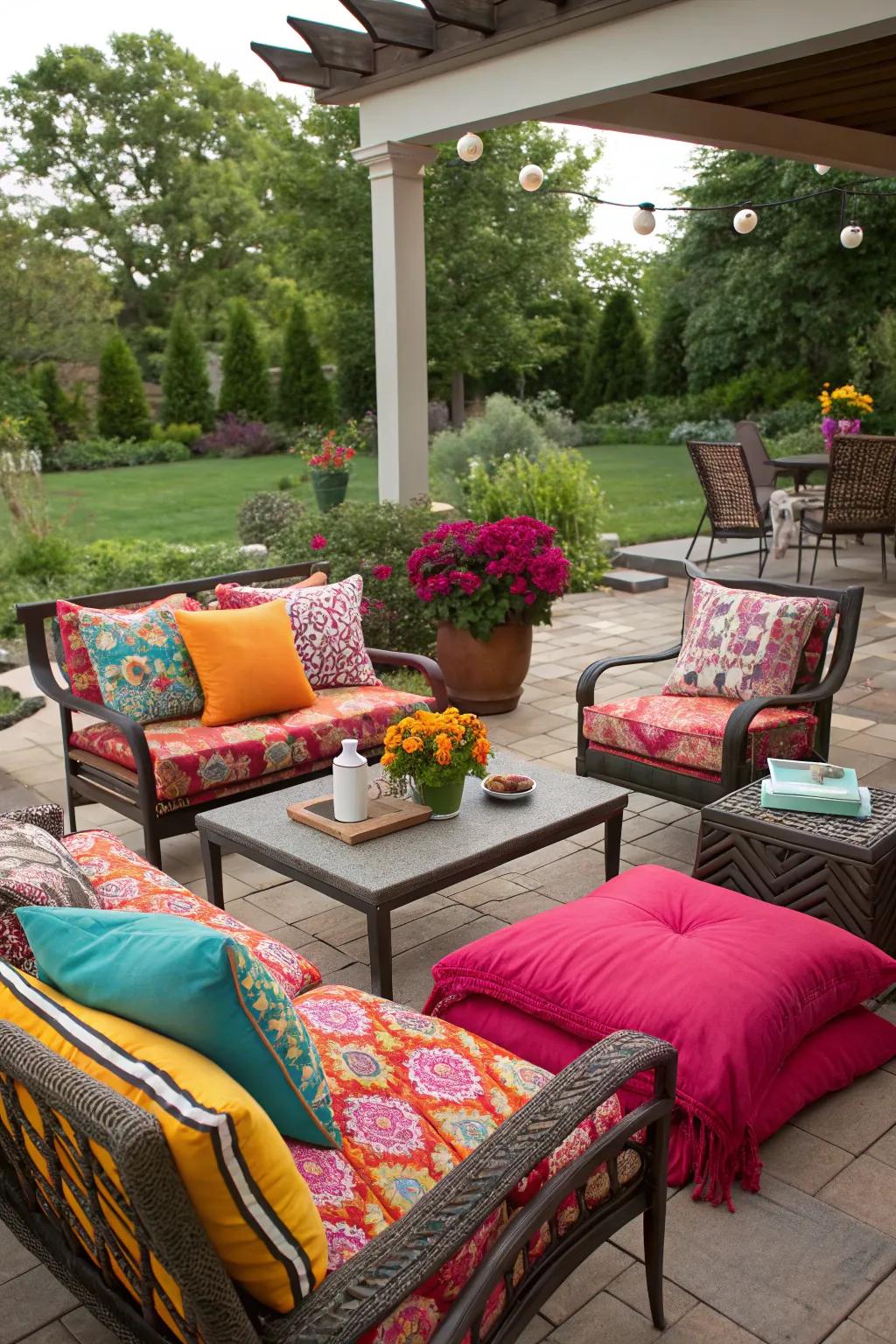 Bright textiles enhancing a pop of color and comfort.