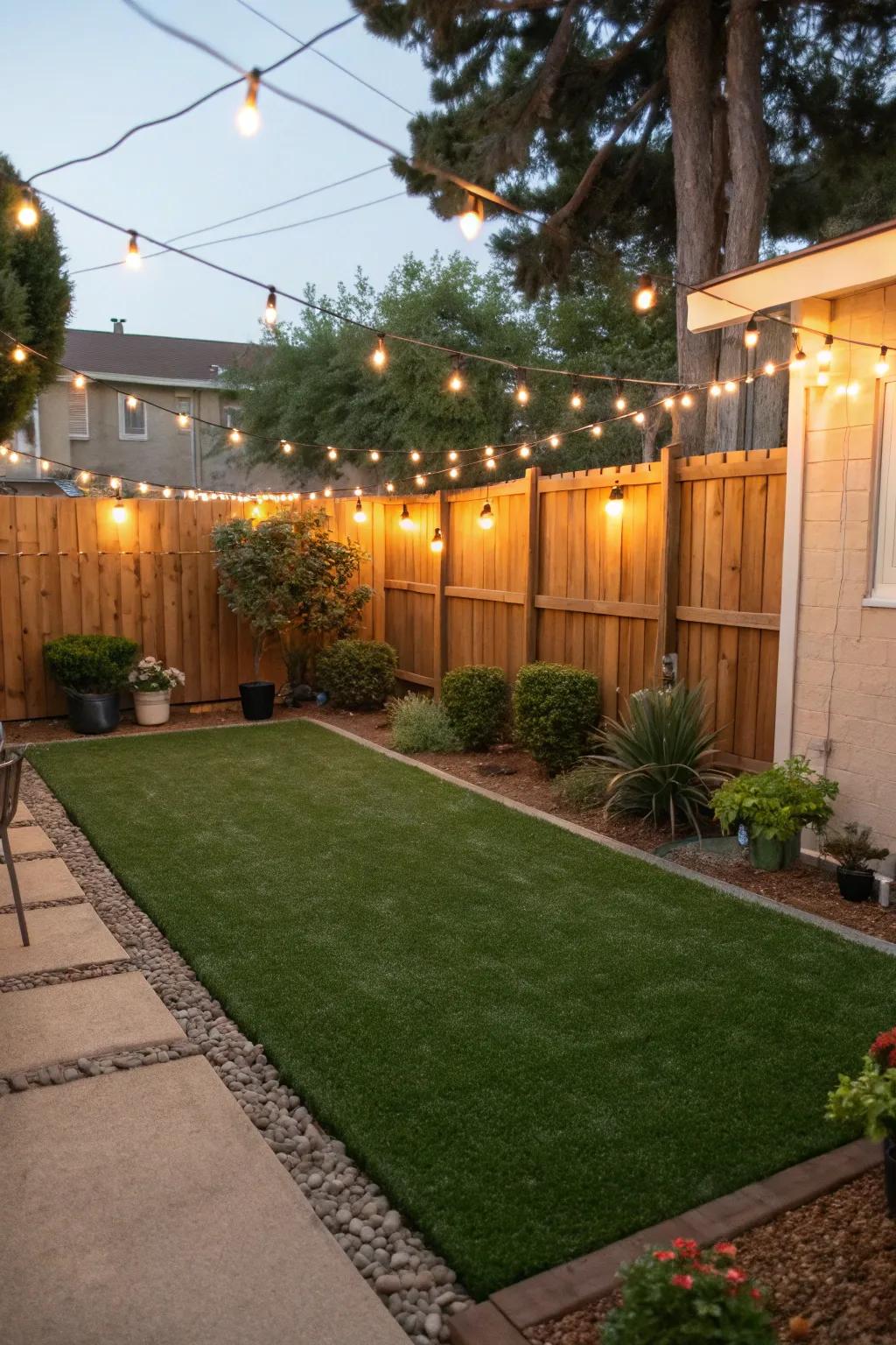 A turf area is illuminated by decorative lights.