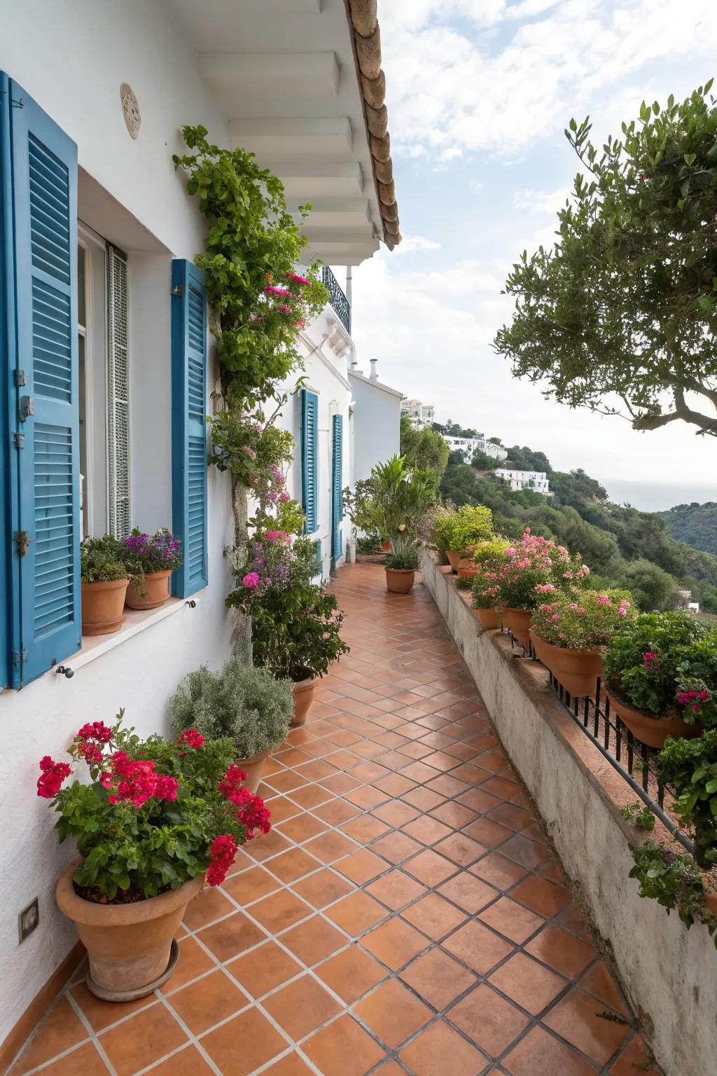 Terracotta flooring adds warmth and earthiness, perfect for a sun-kissed Mediterranean vibe.
