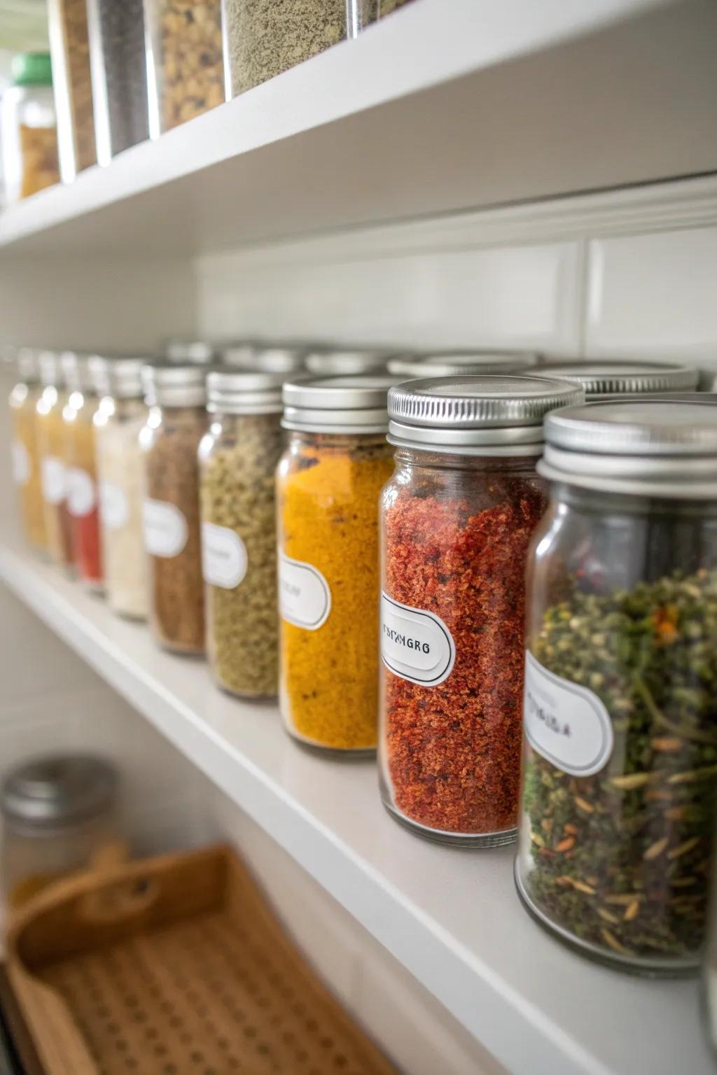 A singular spice repository employing canning jars sustains a meticulously organized culinary space.