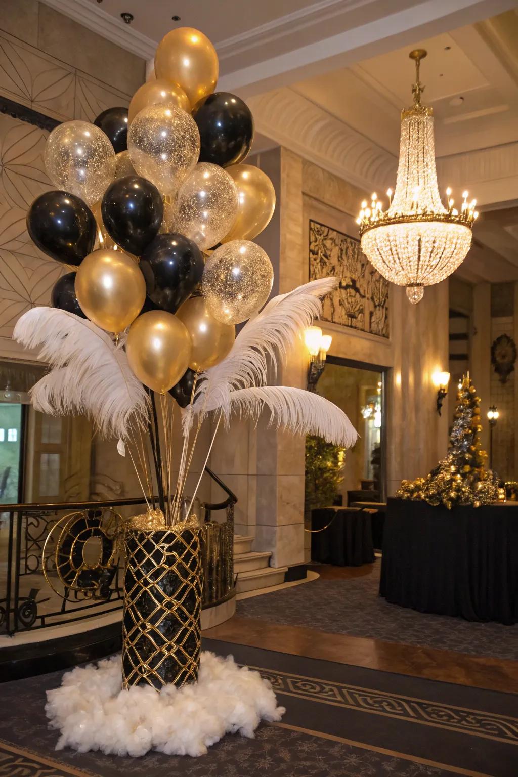 A Gatsby-inspired balloon display that infuses opulence into themed festivities.