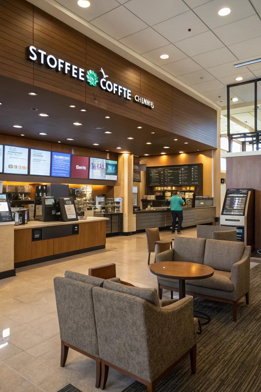 Shared branding with a coffee station enhances customer experience.