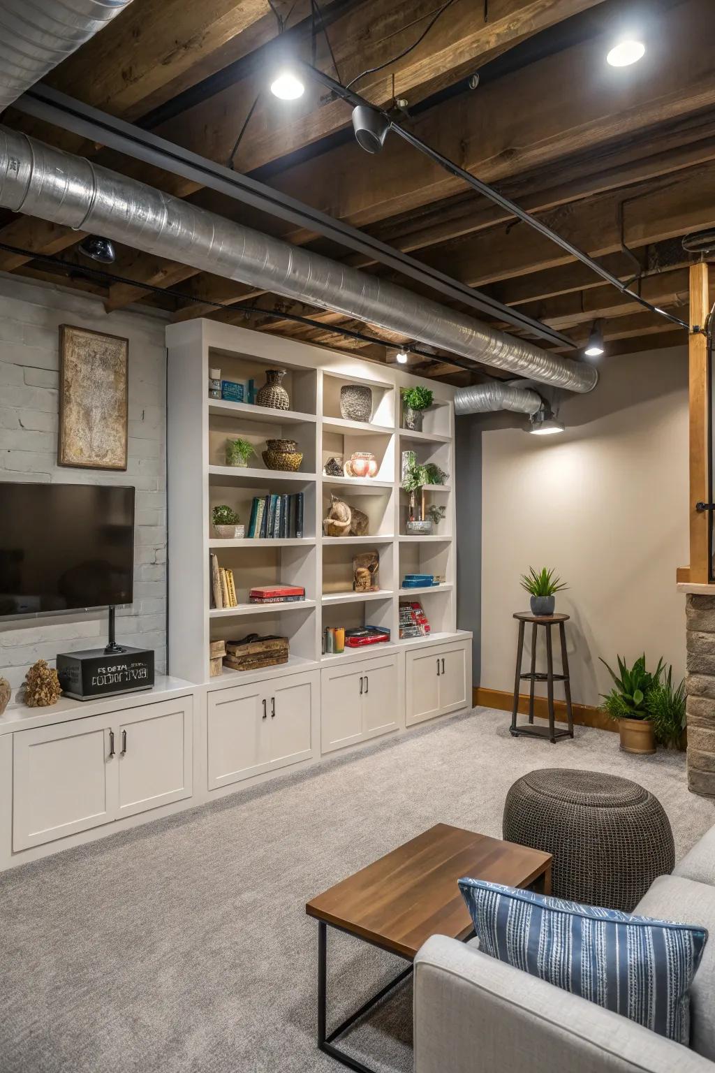 Make the most of space and use with built-in shelves around pipes.