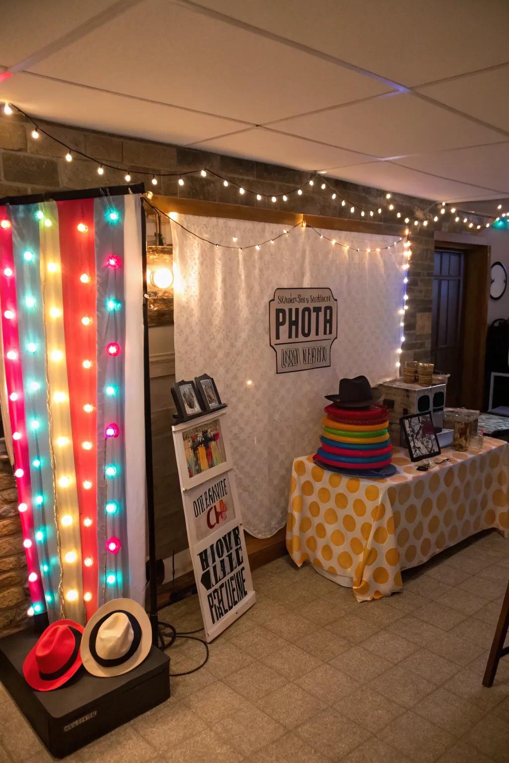 Capture the fun with a themed photo booth in your recreation room.