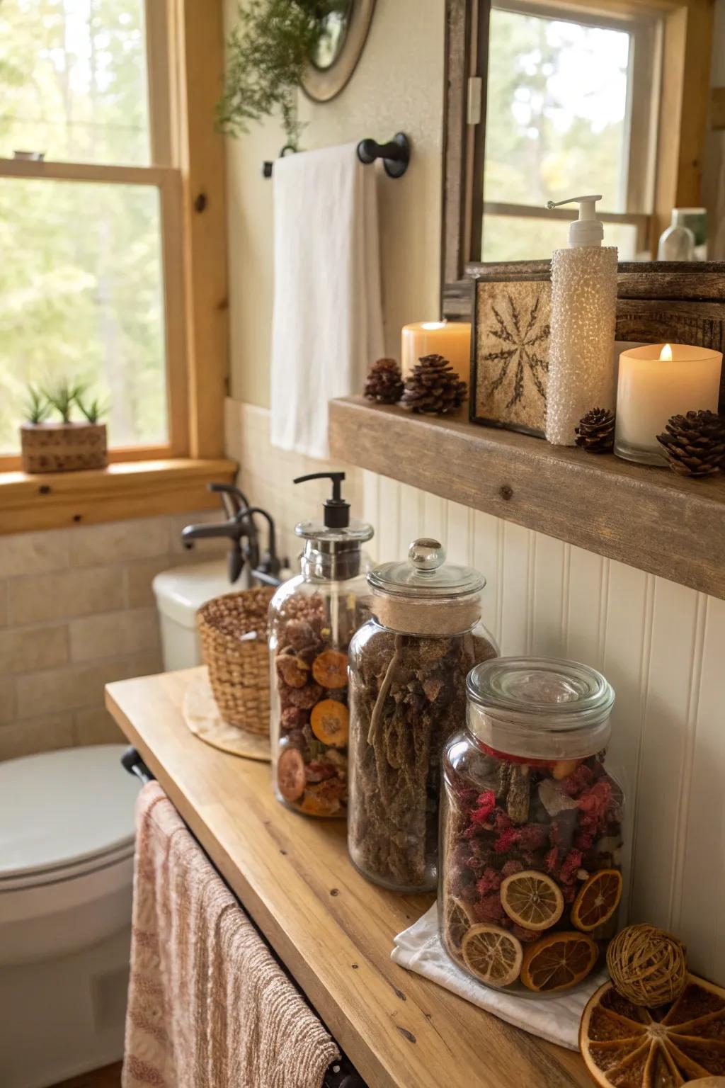 Environmentally-friendly decor contributes allure and sustainability to this bathroom.