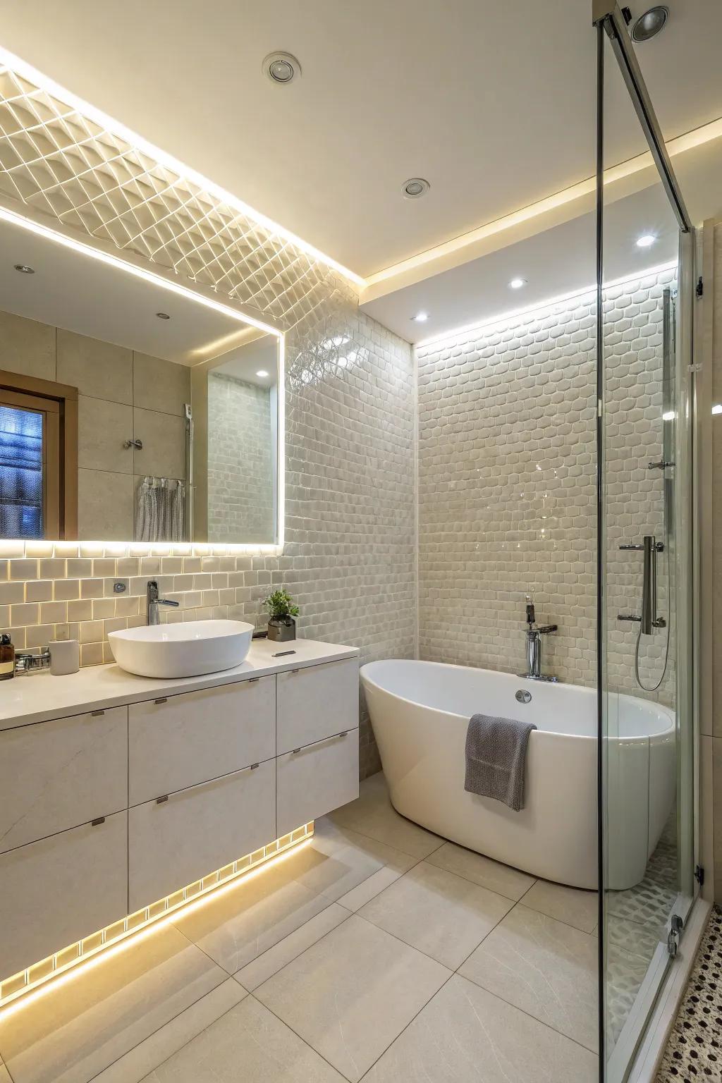 Light-reflecting trims illuminate and expand bathroom spaces.