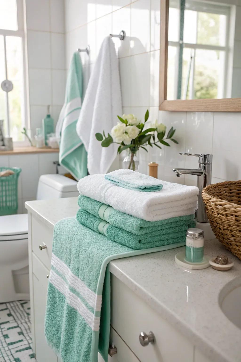 Mint and alabaster towels convey a revitalizing and pristine hint.