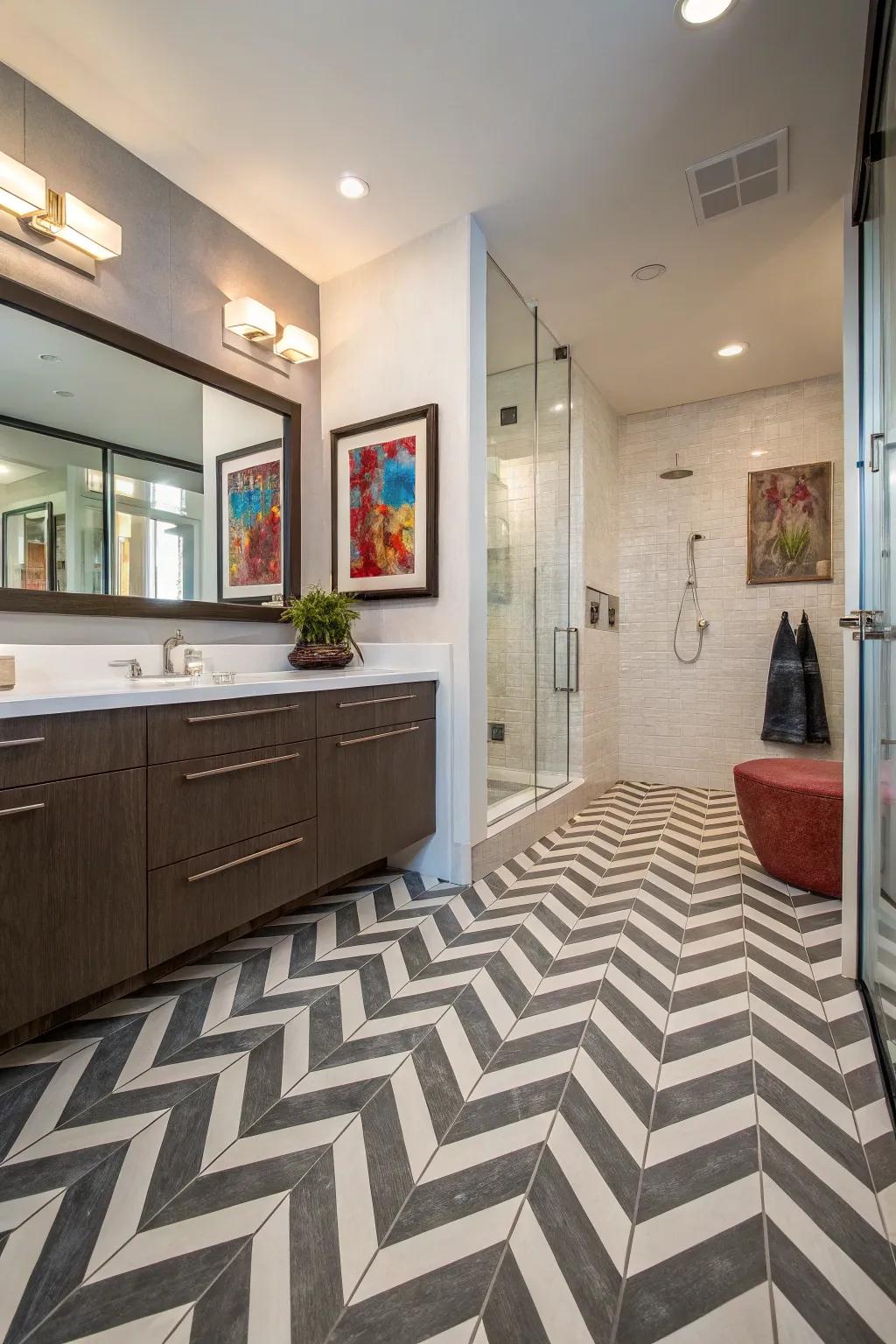 Chevron <strong><em>plastic-based floors</em></strong> includes vibrant power to this stylish restroom.” loading=”lazy” class=”pimg”>
	</picture><figcaption>Chevron <strong><em>plastic-based floors</em></strong> includes vibrant power to this stylish restroom.</figcaption></figure>
<p>Chevron patterns can develop vibrant activity in an area. <strong><em>Plastic-based floors</em></strong> in this design includes power and panache to your restroom.</p>
<h3>Products that could assist:</h3>
<ul class=