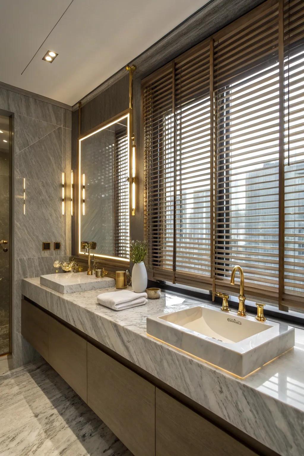 Stylish shine: Shimmering blinds elevate your bathroom's style.