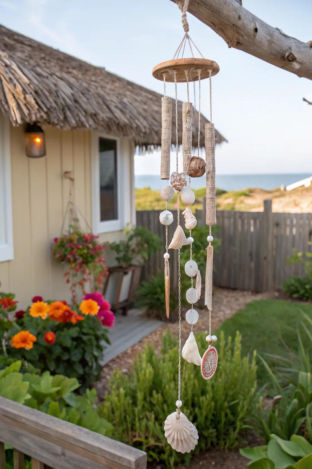 A sea shell wind chime adding music to the garden.
