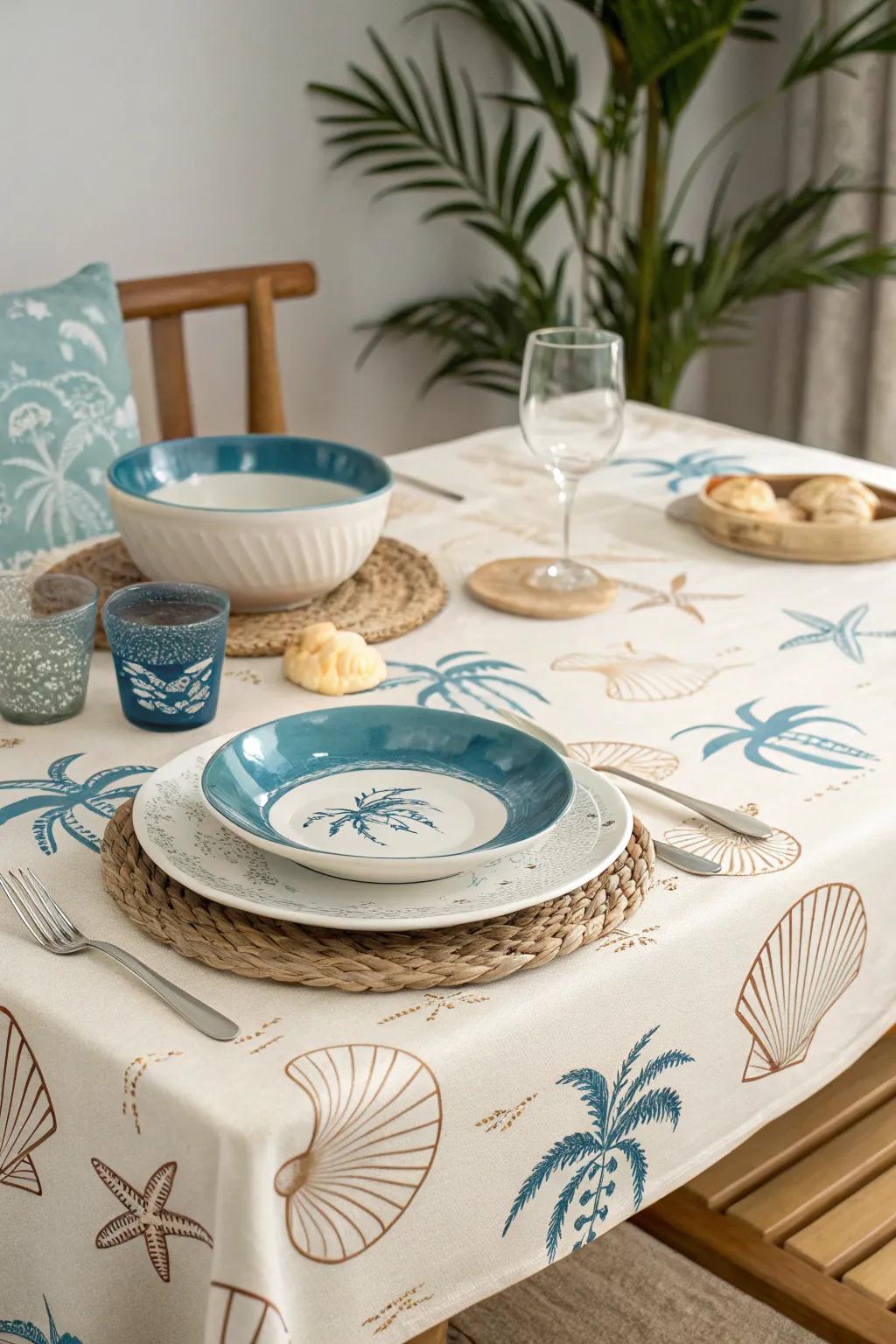 Create a seaside ambiance at your dining table with beachy table covers.