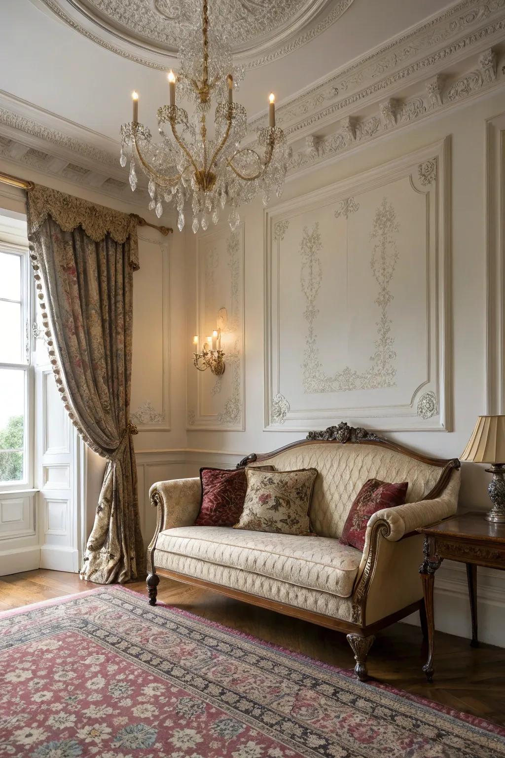 A Victorian loveseat in a bedroom, offering luxury and historical charm.