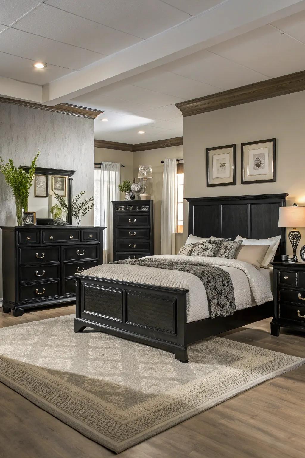 Symmetrical design fashions balance and harmony in a room adorned with dark furniture.