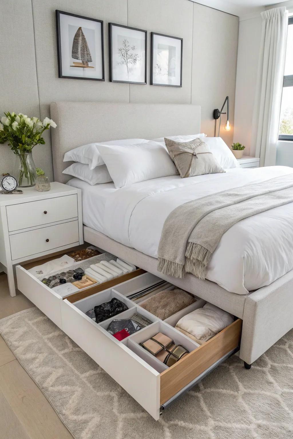 A bedroom that uses under-bed storage to stay tidy.