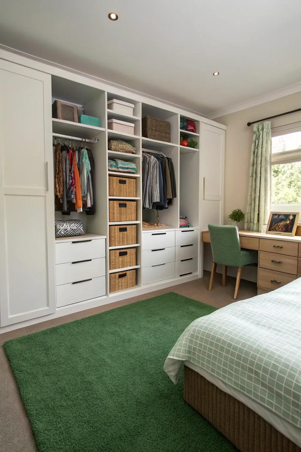 Functional storage keeps the bedroom organized, enhancing its functionality.