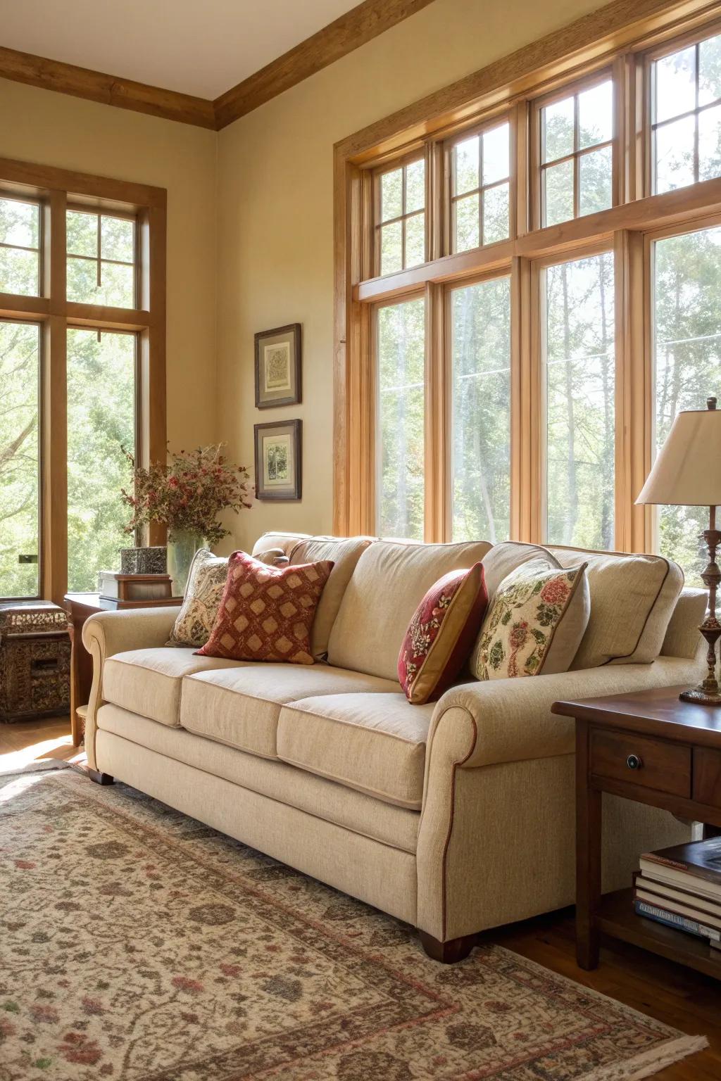 Daylight fills a welcoming living room with a sand-toned sofa.