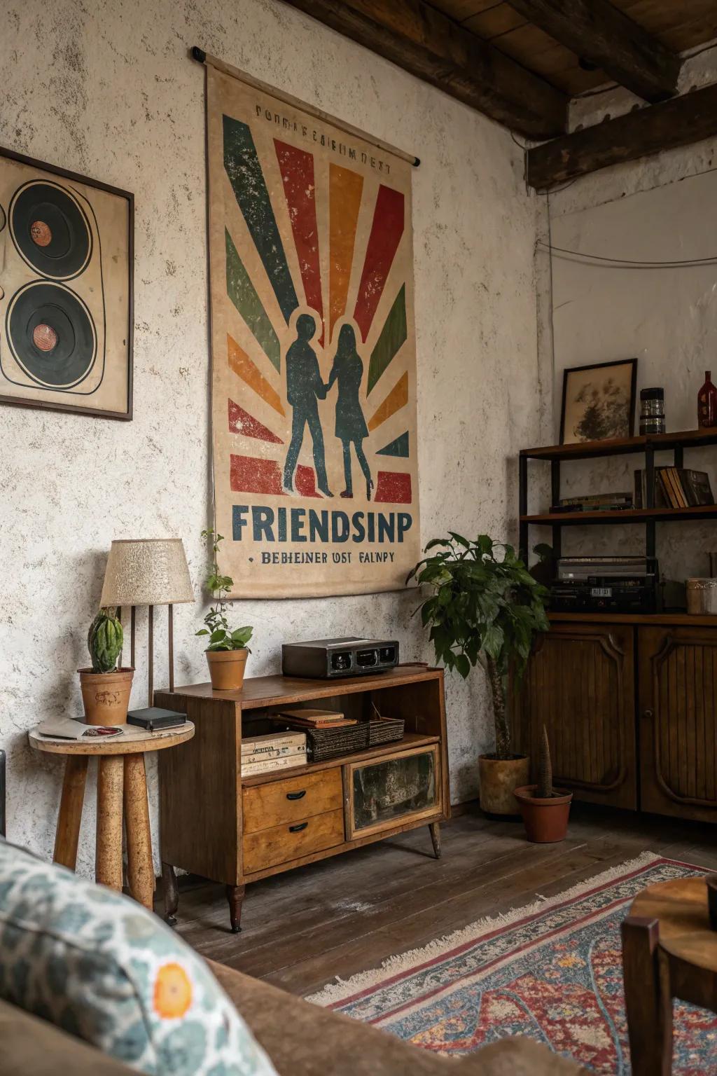 A vintage-style collage infusing nostalgic allure into a rustic living space.