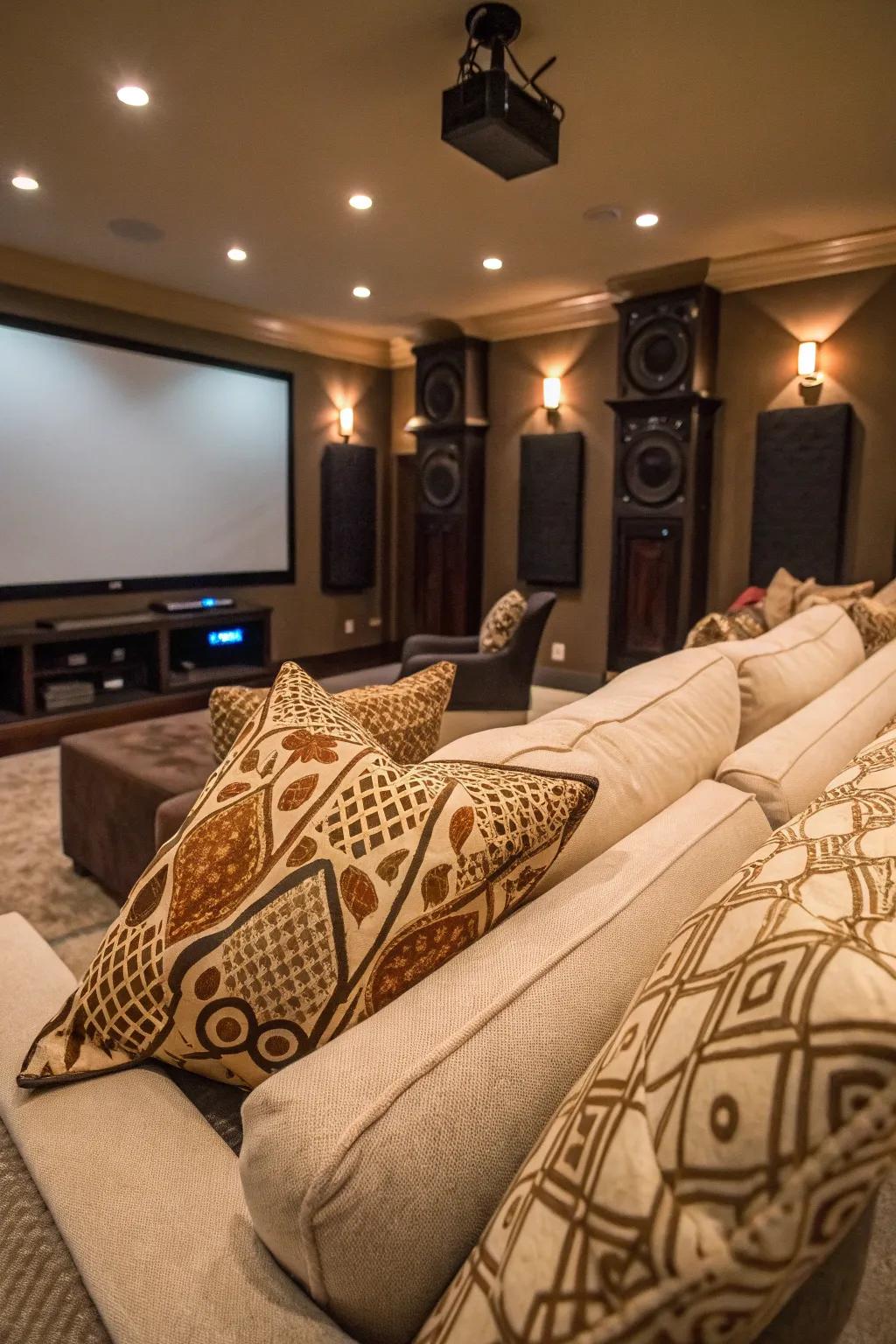 Decorative pillows enhance both comfort and aesthetics in this theater.