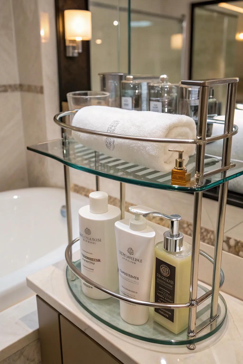 Elevate your washroom using luxury glass shelves for a sophisticated touch.