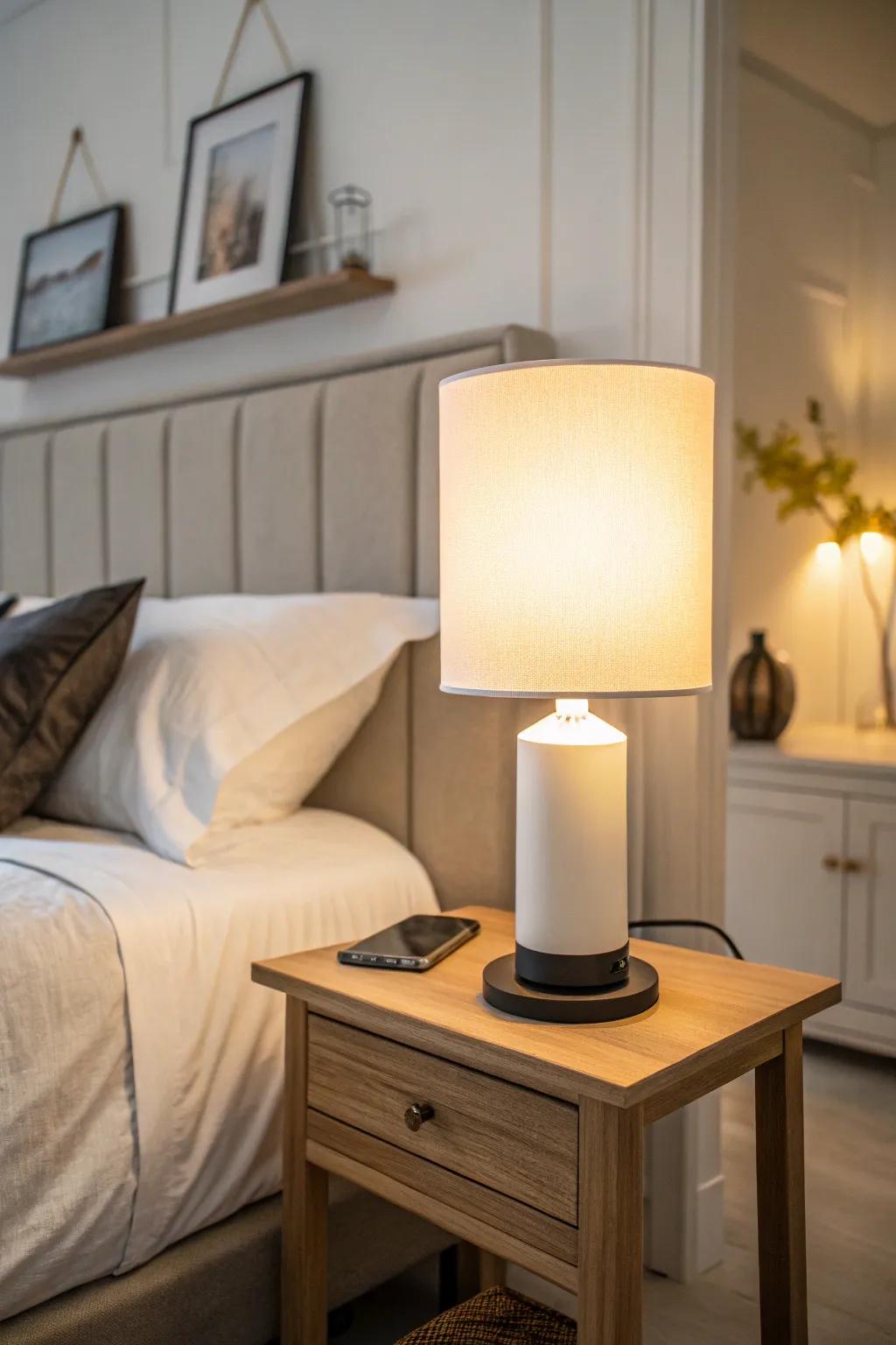 A smart nightstand creates a tranquil atmosphere, promoting restful sleep with its customizable lighting.