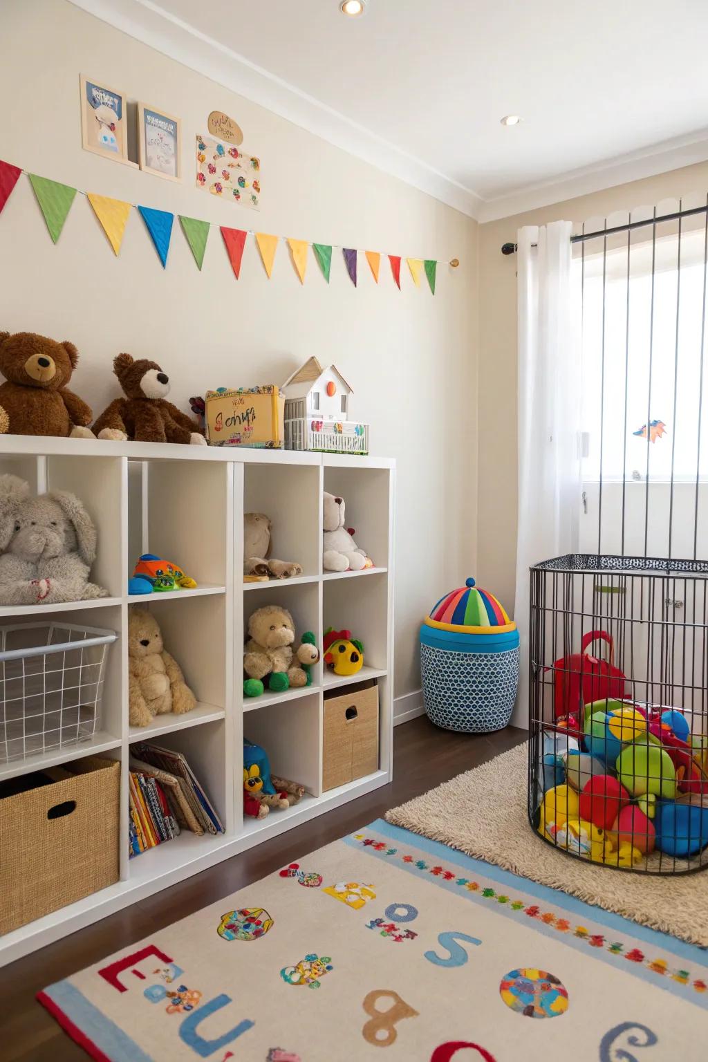 Cubbies and cages provide toy storage.